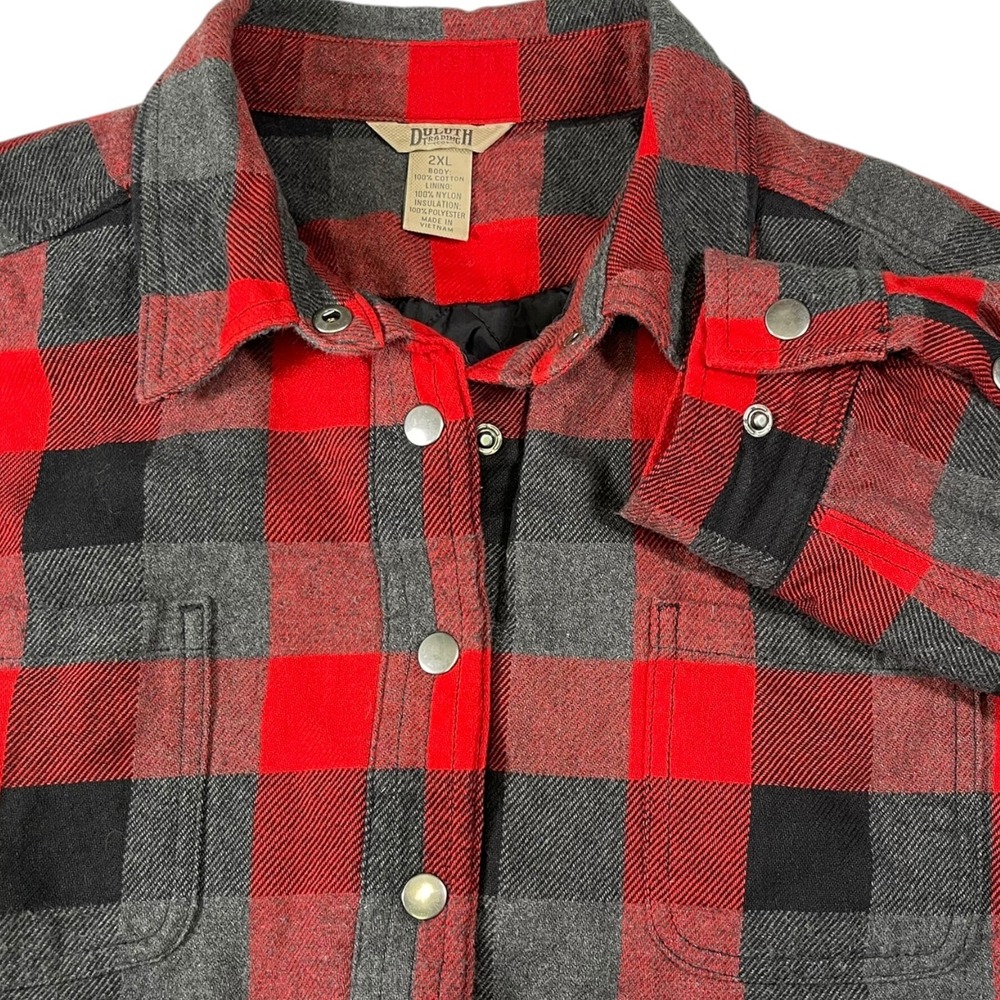Duluth Trading Co 2XL Red Grey Buffalo Plaid Quilted Lined Flannel Shirt Jacket